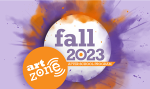 Text: Fall 2023 Art Zone Background: Orange and Purple circles