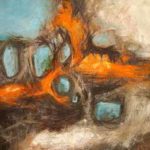 Oil on canvas, abstract of a burning car, colors of brown, beige, turquoise, and orange fill the space in abstract brushstrokes
