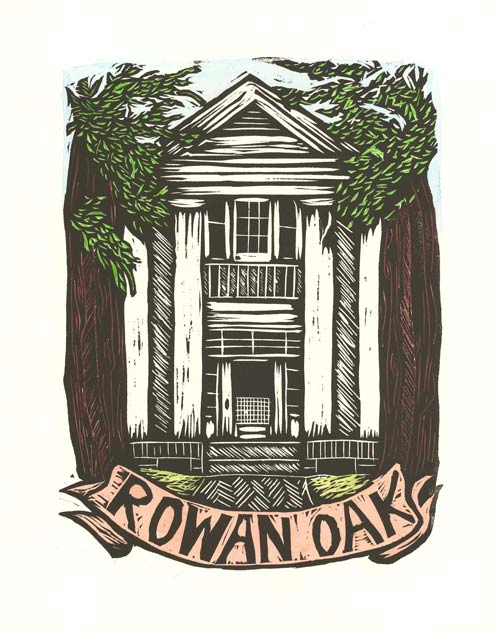 Woodcut style print of entrance to Rowan Oak created by Frank Estrada.