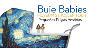 Cropped image of a stroller with a stary night pattern, two dressed fleas, and the text Buie Babies Museum Stroller Tour